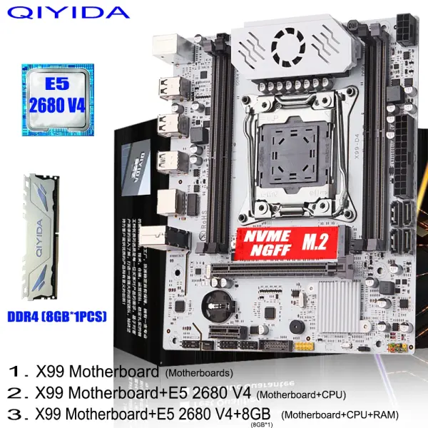 Conjunto de Placa-Mãe QIYIDA X99 LGA 2011-3 com CPU Xeon E5 2680 V4, Memória DDR4 8GBx1PCS=8GB, NVME NGFF M.2, SATA3.0, USB3.0, Chip X99 C612