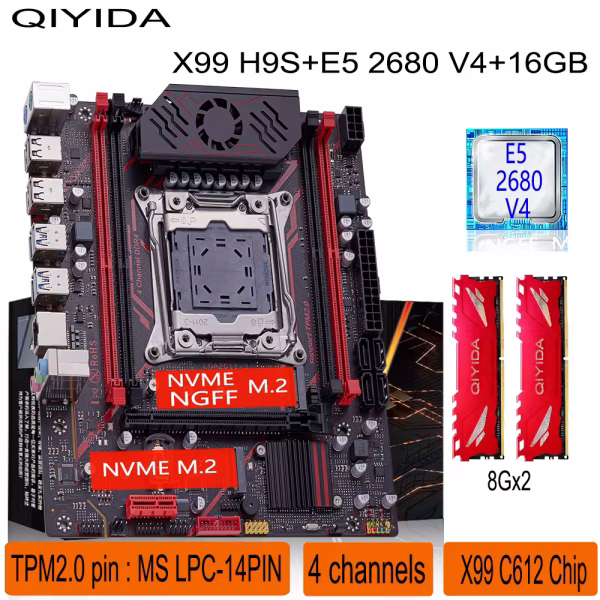 Qiyida x99 kit placa-mãe lga2011 3 xeon e5 2680 v4 2*8gb 16gb ddr4 3200mhz 4 canais nvme usb3.0 sata3.0 interface tpm 2.0