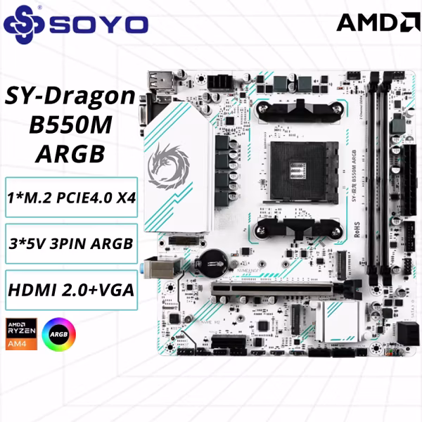 Soyo b550m placa-mãe para jogos micro-atx soquete am4 para ryzen 5000 4000 3000 série cpu canal duplo ddr4 sata3 m.2 mvme 3 * argb
