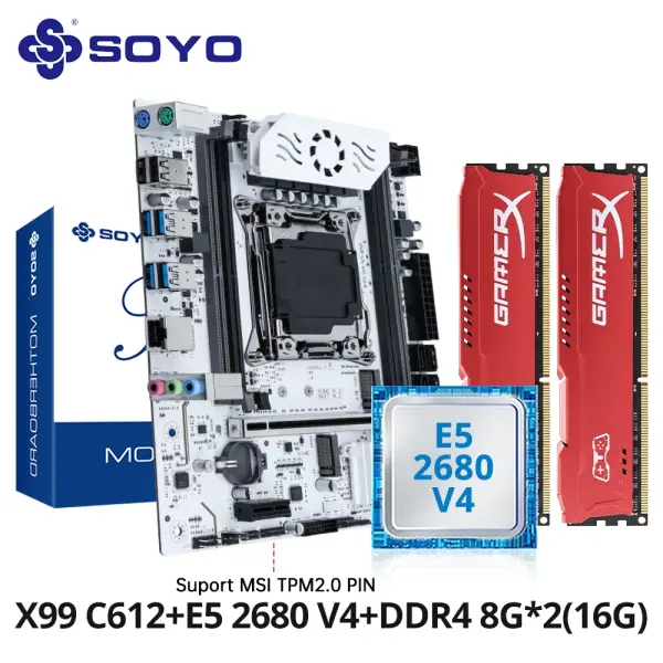 Juego de placa base para juegos SOYO X99 Chipset C612 Pin TPM2.0 con CPU E5 2680 V4 y DDR4 16G (2*8G) 2133MHz RAM PCIE3.0 para PC de escritorio