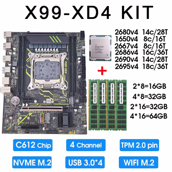 Placa-Mãe X99 TPM 2.0 Kit Xeon E5 2680 2690 2695 2667 2696 2686 V4 CPU DDR4 RAM Combo Completo Placas-Mãe LGA 2011 V3 X99