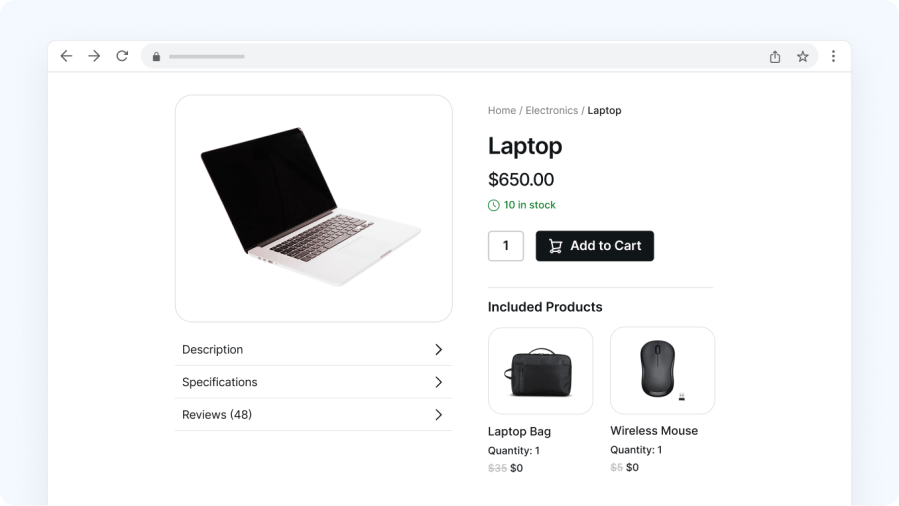 Ejemplo de paquete de productos vinculados en WooCommerce Chained Products